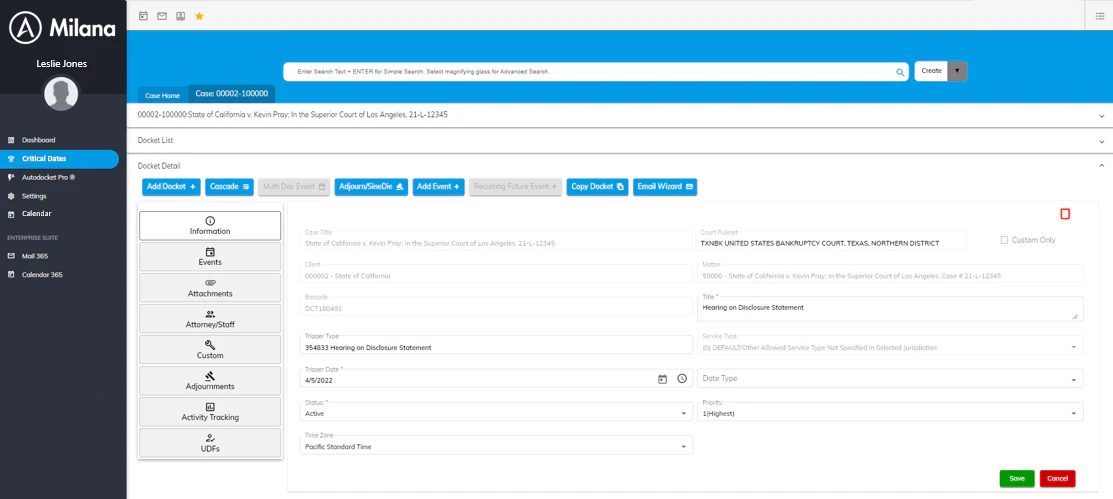 screenshot of Aderant Milana